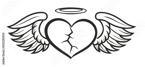 Vector Halo Winged Heart Tattoo Style Illustration Typography with angel wings.