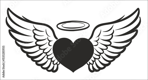 Vector Halo Winged Heart Tattoo Style Illustration Typography with angel wings.
