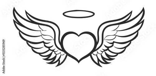 Vector Halo Winged Heart Tattoo Style Illustration Typography with angel wings.