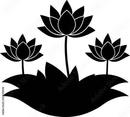Black and White Lotus Flower Icon  Silhouette 