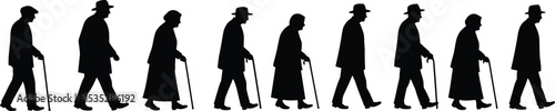 Silhouettes of elderly men and women walking with canes, senior people silhouettes, aging population concept, old age mobility support, black isolated figures on white background