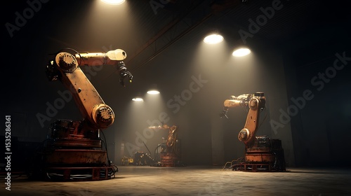 Industrial Robotic Arms in a dimly lit factory setting.