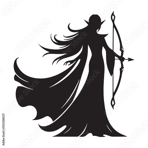 Primeval Elf Deep Woods Inhabitant Outline Vector, Showing a Connection to Nature - elf silhouette - elf vector - silhouette of elf
