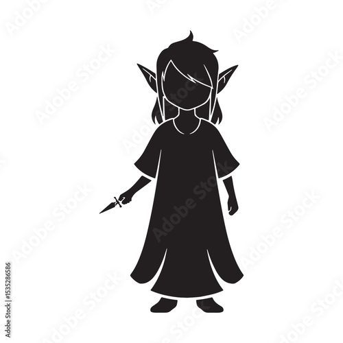 Haunting Vector Elf Enigmatic Woodland Figure Outline, Standing Amidst Ancient Trees - elf silhouette - elf vector - silhouette of elf
