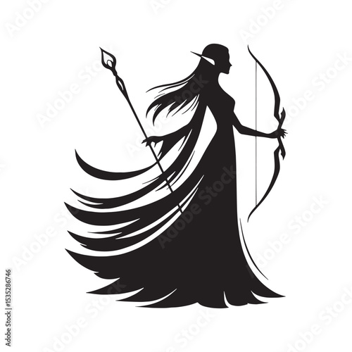 Ethereal Dark Elf Night Wanderer Shape Illustration, Standing Silently Under the Moonlight - elf silhouette - elf vector - silhouette of elf
