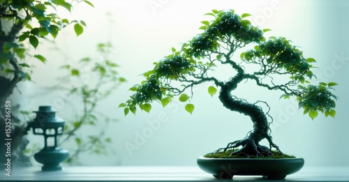 Bonsai tree displayed indoors. Soft lighting creates serene atmosphere. Minimalist composition emphasizes plants form, texture.