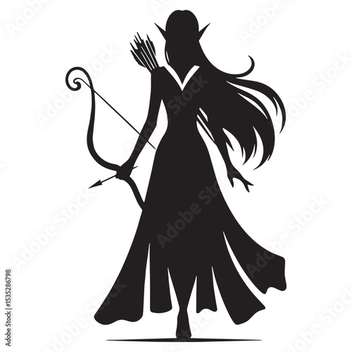 Powerful Elf Mythical Woodland Being Outline Vector, Showing a Strong but Lithe Form - elf silhouette - elf vector - silhouette of elf
