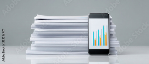 Stack of documents with smartphone showing colorful bar chart on reflective surface in office