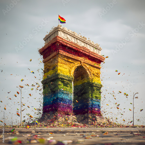 Arc de Triomphe in Pride Colors with a Rainbow Flag and a lot of rainbow flag flying