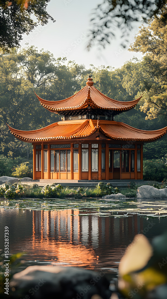 Obraz premium Traditional Chinese Pavilion Reflecting in a Serene Pond Surrounded by Lush Greenery