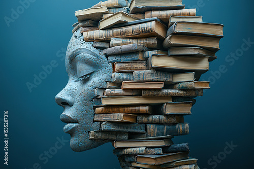 A woman’s head made from many books, symbolizing a Book Day, with a pile of books creatively arranged in the shape of a woman's head.