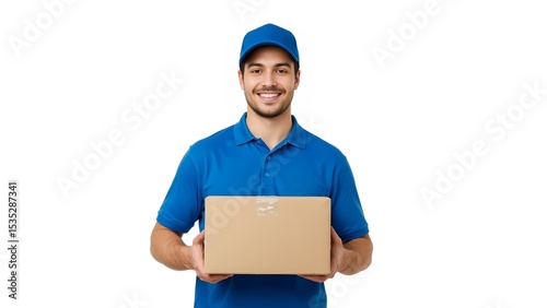 Smiling delivery man in blue uniform holding cardboard box against white background