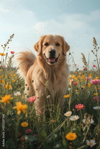 Majestic Golden Retriever Amidst Colorful Wildflowers Under a Sunny Sky; Great for motivational posters, veterinary clinic décor, or social media content celebrating nature and pet companionship