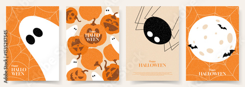 Happy Halloween posters template. Vector illustration with pumpkins, ghosts, spider, moon, bats. Flat cartoon Halloween gift cards. Trendy flyers for cover, banner, card, social media, event.