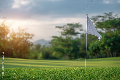 A golf flagstick fluttering on vibrant fairway surrounded by tranquil scenery, perfect for sports lovers and event marketing within the golfing sector