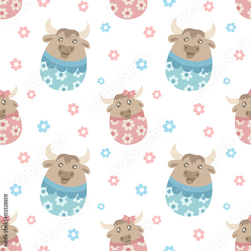 Seamless pattern with cute bulls and flowers