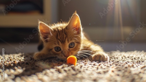 A cute kitten is playing with an orange ball.
