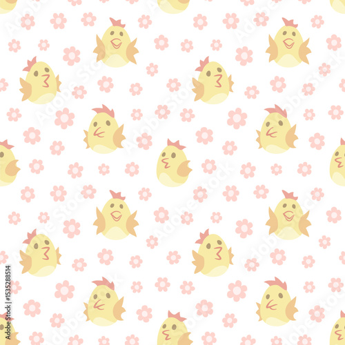 Seamless pattern with cartoon chicks and flowers