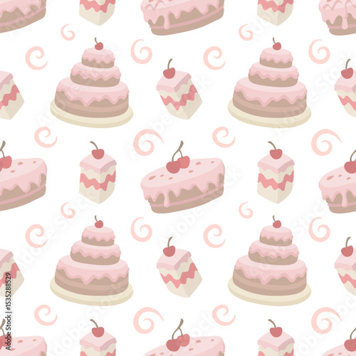 Seamless pattern with sweet cherry cakes