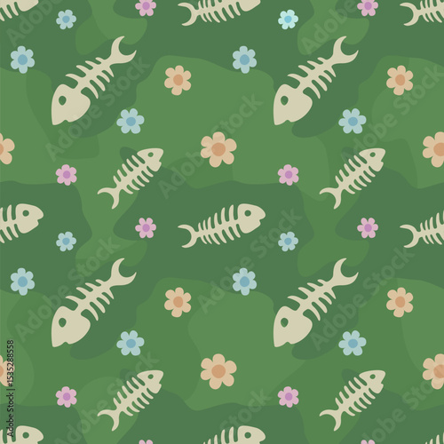 Seamless pattern with fishbones and flowers