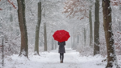 Woman with red umbrella in snowy forest