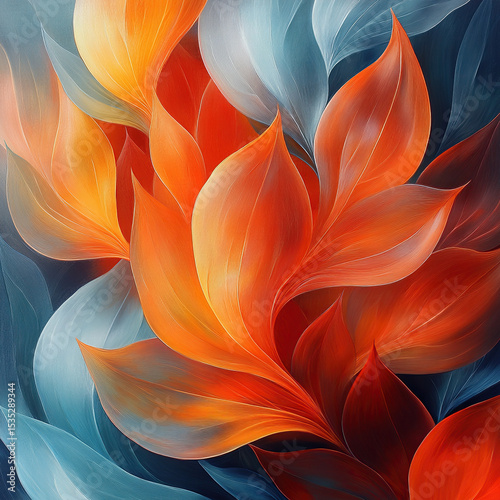 An abstract interplay of fiery orange and cool aqua, with layered, translucent planes suggesting leaves.