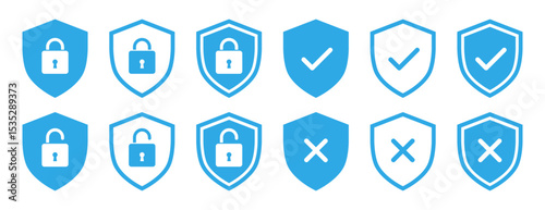 Lock, unlock, tick, cross mark security shield icons set outline and solid vector style in blue color. Shield security symbols. Privacy access protection, outline and solid vector illustration.