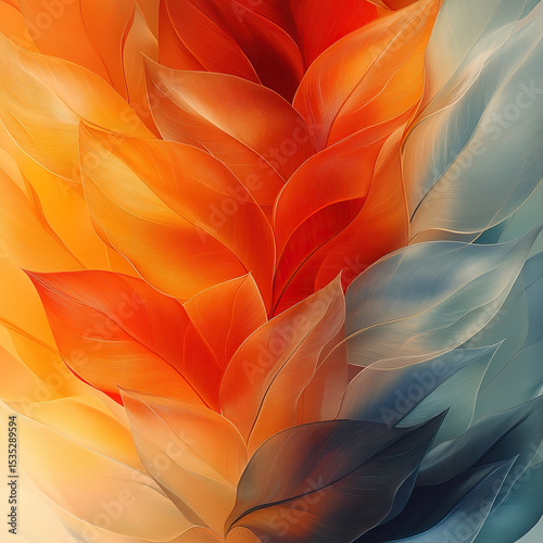 An abstract interplay of fiery orange and cool aqua, with layered, translucent planes suggesting leaves.