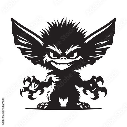 Wicked Dark Gremlin Evil Little Spirit Shape Illustration, Hiding and Watching Closely - gremlin silhouette - gremlin vector - silhouette of gremlin
