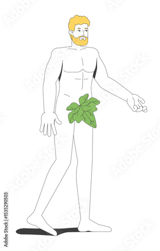 Adam with fig leaf from Eden garden 2D cartoon bible character. Creation myth. Innocent male. Human origin. Biblical man bearded flat vector person isolated on white. Spot illustration colorful