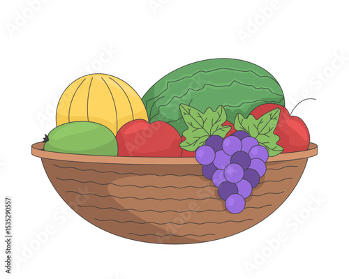 Woven basket brimming with assorted fruits 2D cartoon object. Fresh harvest. Healthy apples, melon, watermelon, grapes. Food abundance isolated element flat vector clip art on white. Spot illustration