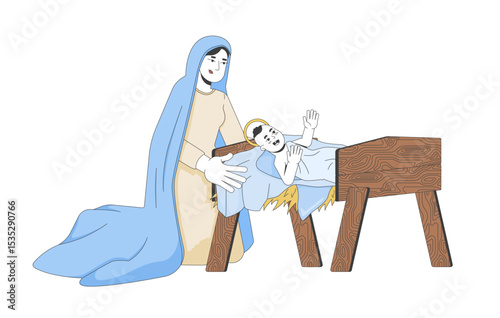 Mary kneeling beside baby Jesus swaddled in straw manger 2D cartoon bible characters. Maternal care. Christ birth. Nativity mother flat vector people isolated on white. Spot illustration colorful