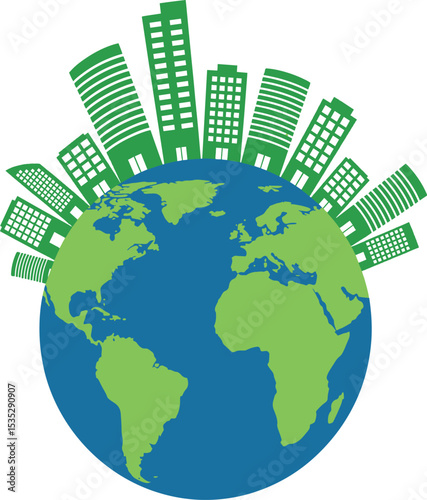 Green planet with city skyline