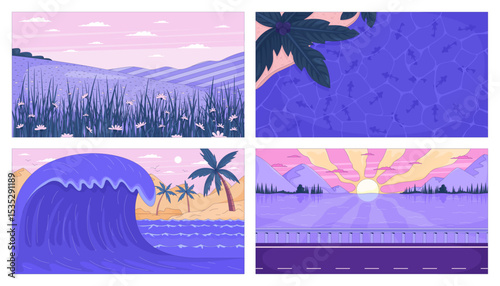 Scenic nature lo-fi flat illustration backgrounds set. Meadow hills, tropical wave, resort pool, mountain lake sunset highway 2D cartoon backdrops. Colorful scenes vector art images collection