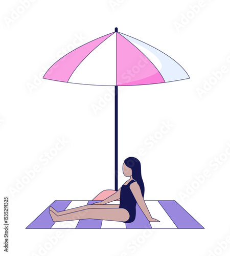 Girl relaxing under beach umbrella 2D cartoon character. Young woman in long dark hair in swimsuit sitting in parasol shade flat vector faceless person isolated on white. Spot illustration colorful