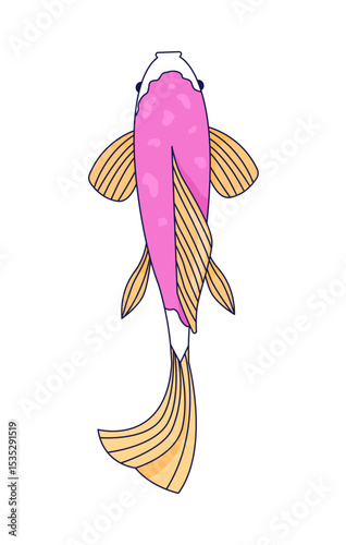 Decorative koi fish top view 2D cartoon character. Asian motif. Aquatic animal. Ornamental Japanese fish. Fancy carp from above flat vector animal isolated on white. Spot illustration colorful