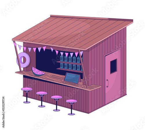Tropical beach bar hut 2D cartoon object. Summer vibe stand. Cozy beachside wooden kiosk with stools, bunting flags, slanted roof isolated element flat vector clip art on white. Spot illustration