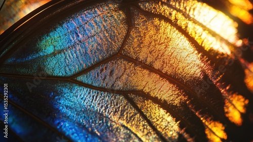 Close-up of vibrant butterfly wing, iridescent colors, intricate texture