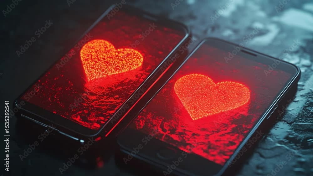 Two smartphones displaying glowing red heart symbols on their screens against a dark, textured background
