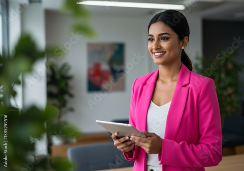 Smiling Businesswoman in Pink Blazer Holds Tablet in Modern Office Setting