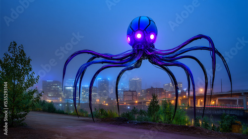Artificial Intelligence and AI Octopus Sculpture at Night