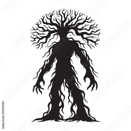 Striking Vector Ent Giant Tree Creature Concept Image, with Its Branches Reaching Up - ent silhouette - ent vector - silhouette of ent
