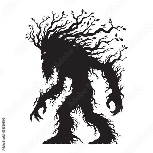 Terrifying Shadowy Ent Moving Tree Monster Graphic Vector, Showing Its Rough Bark and Rooted Legs - ent silhouette - ent vector - silhouette of ent

