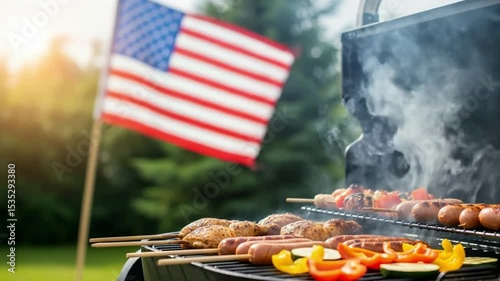Delicious food grilling on a barbecue during a summer cookout with an american flag in the background