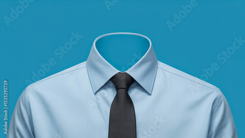 A minimalist photograph of a light blue dress shirt with a black tie against a solid turquoise blue background.