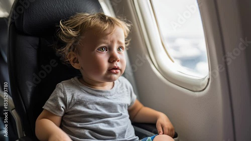 Young child with tousled hair sitting in airplane seat, gazing out window with a concerned expression, capturing the emotions of air travel and childhood wonder