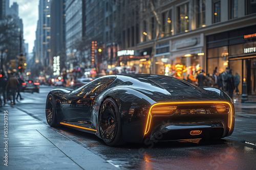 An electric car on a city street, reflecting the metallic elegance and futuristic design of the year 2040's floating vehicles.