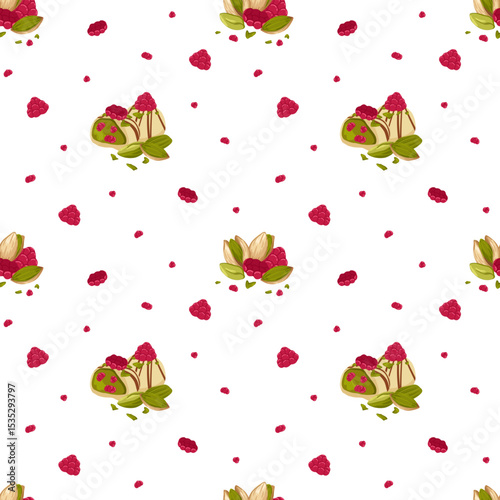 Handmade white chocolate truffles with raspberries and pistachio nuts. Vector cartoon illustration of crafted bonbon candy for packaging, dessert visuals, textile, wrapping, confectionery design, menu