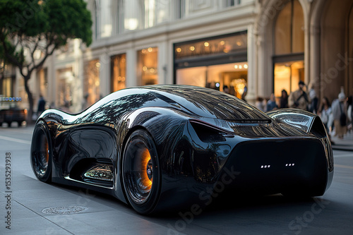 An electric car on a city street, reflecting the metallic elegance and futuristic design of the year 2040's floating vehicles.