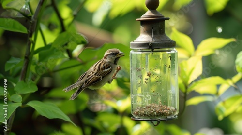 Captivating sparrow perching on an ornate, glass bird feeder in garden setting